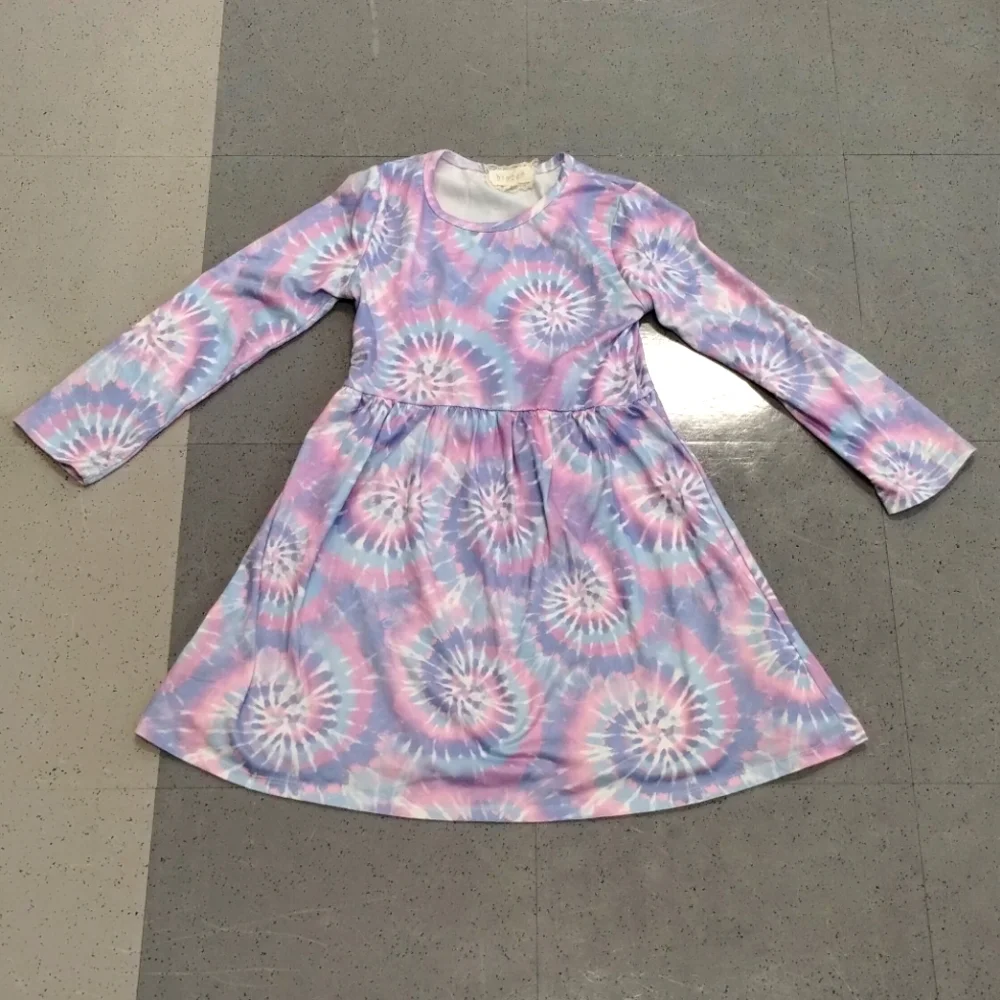 between 6X Girl Tiedye Long Sleeve A-Line coloured patterns spiral swirl dress